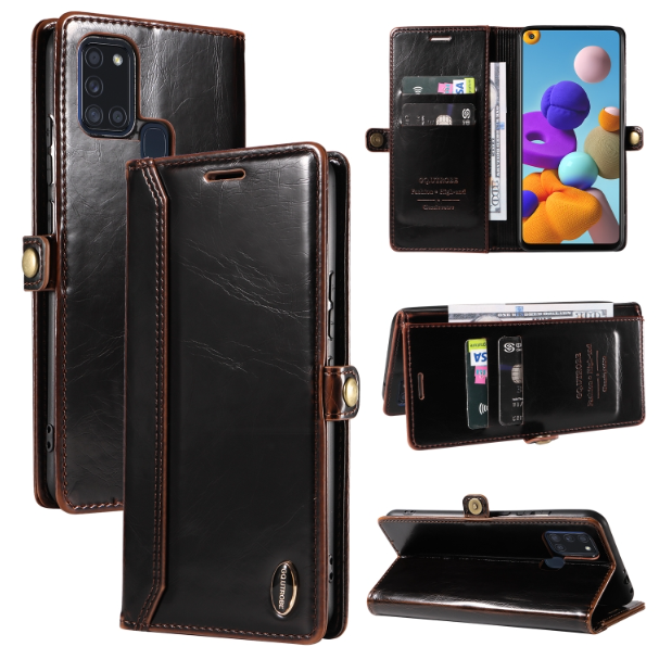 GQUTROBE RFID Blocking Oil Wax PU Leather Wallet Case - For Samsung Galaxy A21s - mosaccessories